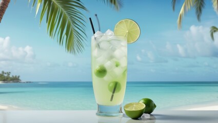  A glass of limeade with a lime slice on the rim and two lime slices on the rim
