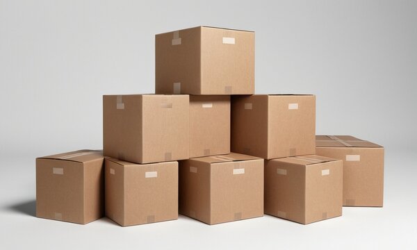 Cardboard boxes stacked in a row on white background.
