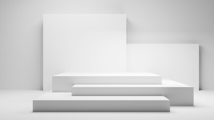 white abstract empty podium background - minimalistic place display for commercials and design, empty white studio room shot clean bright soft geometrical forms, white background table backdrop podium