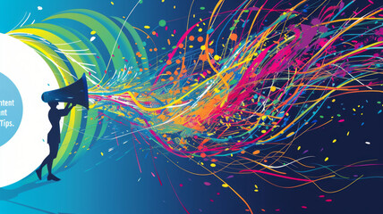 Captivating LinkedIn data visualization: Colorful vortex swirls depict engagement and reach, with a central figure holding 'Content Tips' megaphone.generative ai
