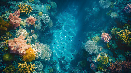 Obraz na płótnie Canvas Top view capturing the intricate details of a coral reef, space allocated for copy, strictly no text, logos, brand marks, or letters, 16k sharpness, cinematic depth, natural hues