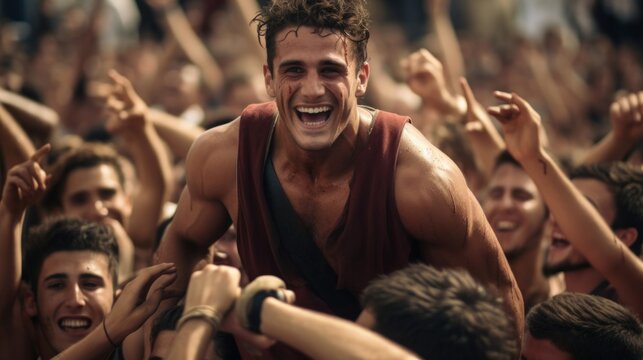 Crowd cheers as Greek athlete carried by fellows