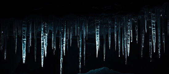 Icicles hanging from a ceiling in a dark room
