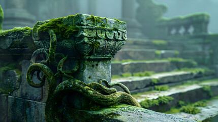 Delicate tendrils of moss cling to weathered stone, their verdant hues juxtaposed against a soft...