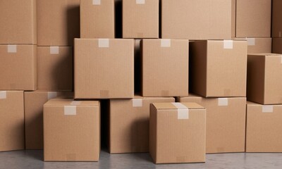 Obraz premium Cardboard boxes stacked in warehouse, shallow depth of field with focus on foreground.