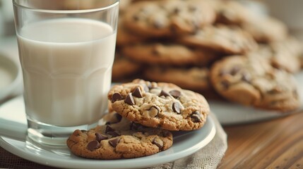 chocolate chip cookie with milk - obrazy, fototapety, plakaty