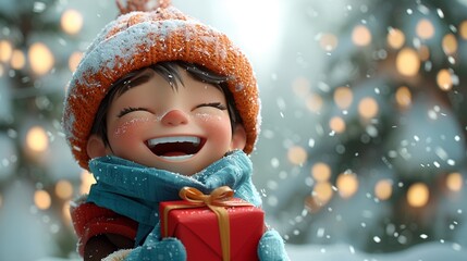 Happy animated character with music gift bright unwrapping moment