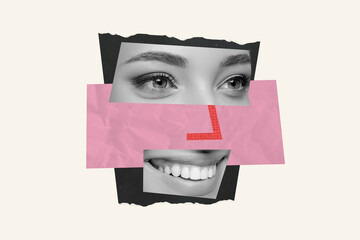 Composite photo collage of parts of a woman face makeup eyes eyelashes smile lips teeth happy joy positive isolated on painted background