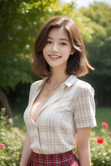 Fototapeta premium A young woman with brown shoulder-length hair exudes a happy, relaxed expression while wearing casual summer fashion - a white blouse and plaid skirt - during an outdoor portrait set amidst a park 