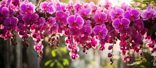 Purple orchids hanging from branch in garden
