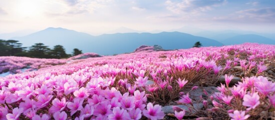Purple flowers bloom under a bright blue sky in the mountains