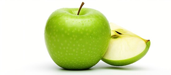 Green apple with a bite and sliced apple on white background