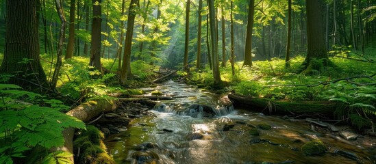 A stream meanders through a dense forest filled with vibrant green foliage The water flows steadily creating a soothing sound as it moves over rocks and fallen branches Sunlight filters through 