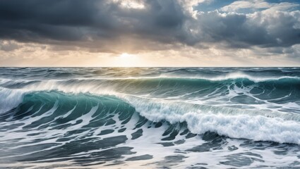 Fototapeta premium A vast expanse of water, featuring ripples, in front of a glowing sun with scattered clouds overhead