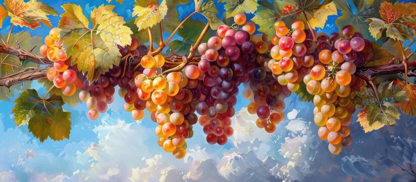 A painting showing a cluster of grapes hanging from a vine, with vibrant grape leaves emerging in the background against a blue sky 