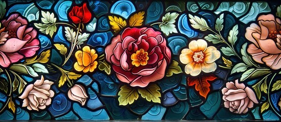 This Victorian-style stained glass window boasts intricate floral designs and lush leaves against a backdrop of a blue sky, evoking an atmosphere of timeless elegance and beauty