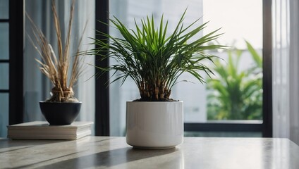White pot with bamboo palmreed palm on windowsill