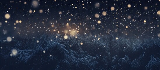 Fototapeta na wymiar Snow falling in a dark forest at night