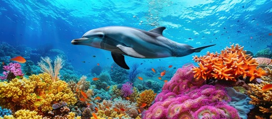 A dolphin gracefully swims through the clear blue water passing by a vibrant coral reef The dolphins sleek body contrasts beautifully with the colorful coral showcasing the diversity of marine life 