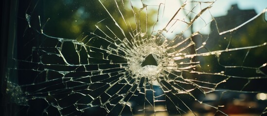 Close up of damaged window with hole