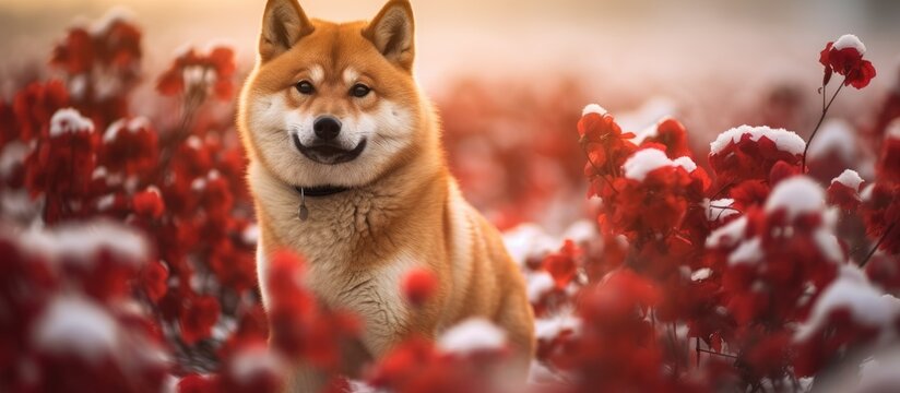 Red Akita Inu dog playing in a snowy field of red flowers