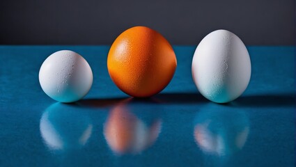  Three eggs sit beside an orange on a blue surface with the reflection of eggs in the photo's center