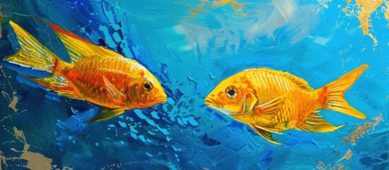 Naklejka premium Two vibrant yellow fish glide gracefully through the clear blue ocean, their scales catching the sunlight as they move in unison, exploring the depths of their watery world