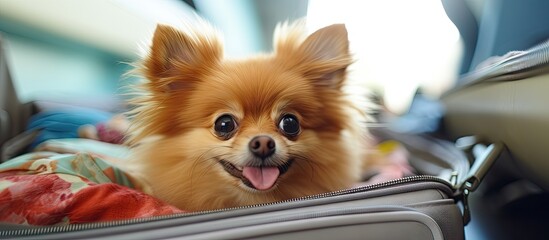 Dog sitting in suitcase with tongue out
