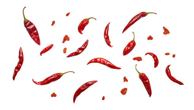 flying chili peppers isolated on transparent background cutout