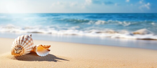 Fototapeta na wymiar Seashell on shoreline with gentle waves in the background