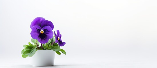 Purple pansy in a white pot on a white table