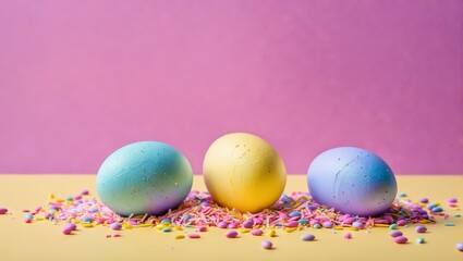 Fototapeta na wymiar Three eggs of distinct hues, adorned with sprinkles, rest on a vibrant surface blending yellow and pink tones, against a backdrop of a pink wall