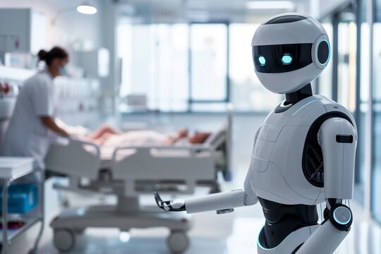 A robot in a hospital receives a people, helping to doctor. Concept future of healthcare, robotic and medicine 