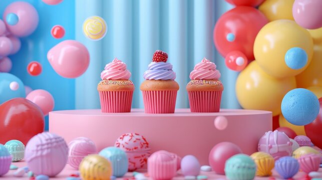 cupcakes on pink product podium, on the background candy and other sweets, bright color. Copy space for text. Concept candy shop, birthday, sweet, bakery 