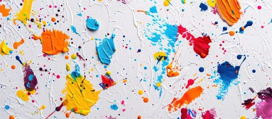On a white surface, vibrant, colorful paint splatters create an artistic and lively display against textured handmade paper