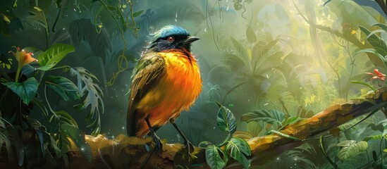 A bird with colorful feathers perched gracefully on a tree branch in a lush, green forest setting The bird appears alert and observant, blending in with the natural surroundings 