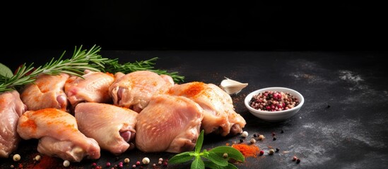 Raw chicken pieces with spices on a table - obrazy, fototapety, plakaty