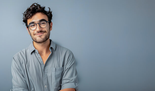 A young man with curly hair and glasses smiles confidently against a solid grey background, exuding casual charm.

