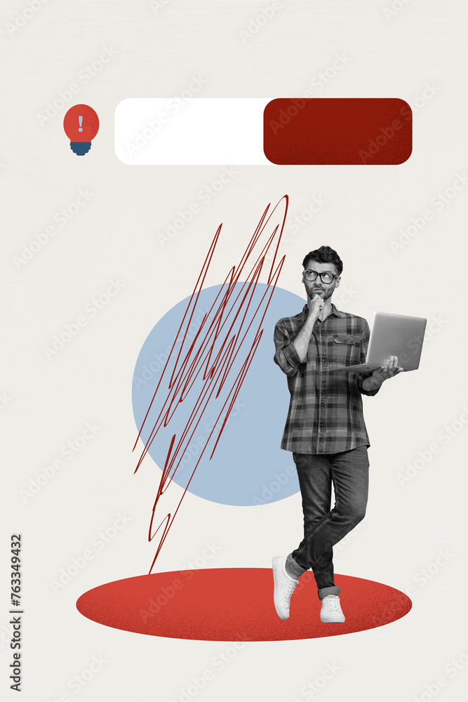 Poster creative 3d photo artwork graphics collage painting of thoughtful guy having idea working gadget iso