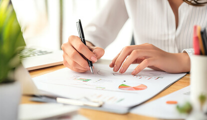 Businesswoman analyzing income charts and graphs. Business analysis and strategy concept. - obrazy, fototapety, plakaty