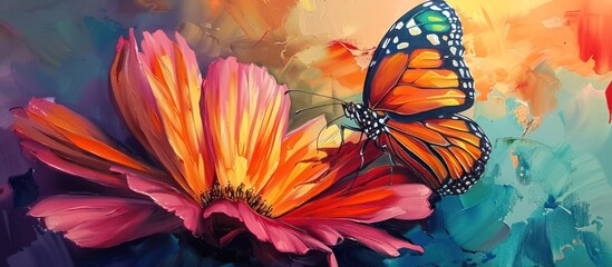 In the artwork, a lively butterfly perches gracefully on a vibrant flower, emphasizing the enchanting connection between nature's elements