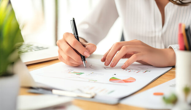 Businesswoman analyzing income charts and graphs. Business analysis and strategy concept.
