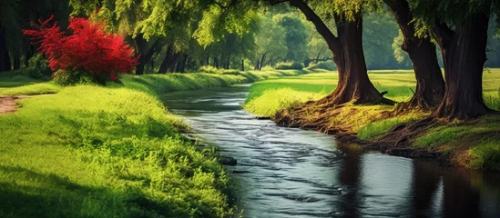 Fotobehang Trees and grass along a river in a green field © Ilgun