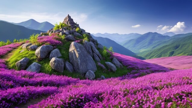  A painting of a rocky outcrop with purple flowers in the foreground and a majestic mountain range in the background