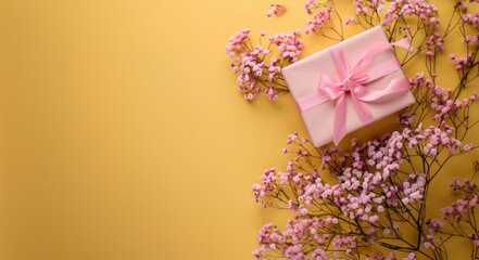 Mother's Day Yellow Wallpaper With A Present With Pink Ribbon, Pink Flowers, And Copy Space