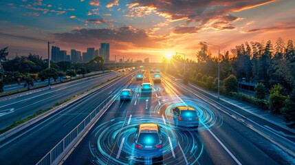 Autonomous car navigates highway traffic - obrazy, fototapety, plakaty