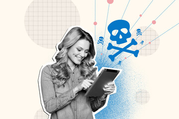 Composite photo collage of young girl smile hold tablet hacker cyber attack skull scammer internet...