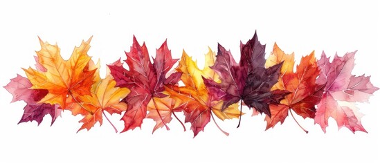Fototapeta premium A group of vibrant watercolor maple leaves in various shades of red, orange, and yellow, placed on a clean white background The leaves are arranged in a decorative manner, creating a captivating 