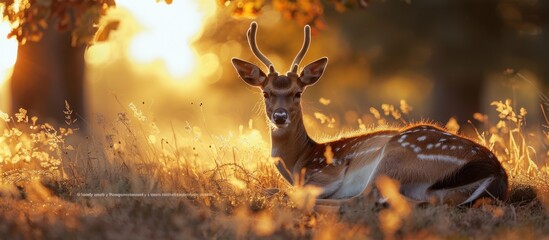 A deer is laying down in a field of grass during the evening time The scene captures the peaceful moment as the deer relaxes in its natural habitat  - Powered by Adobe
