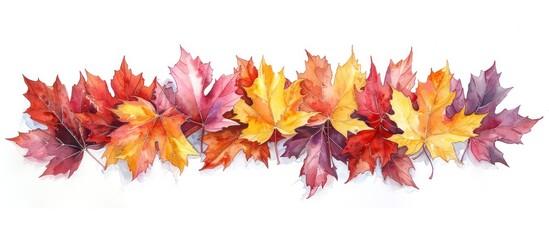 A group of vibrant watercolor maple leaves in various shades of red, orange, and yellow, placed on a clean white background The leaves are arranged in a decorative manner, creating a captivating 